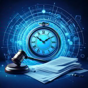 Firefly a blue, modern technological image of a time clock and legal papers with a gavel 94603
