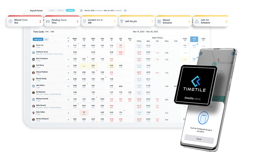 TimeTiles - NFC technology for employee time clock app prevents clocking in away from the work site and buddy punching