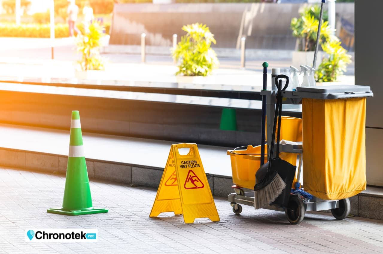 a lone mop and bucket with no employee who was absent