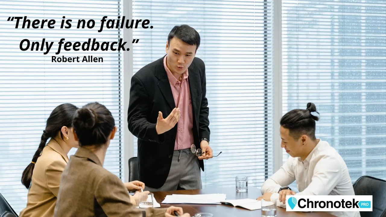 An image showing a group of employees brainstorming retention ideas for employees to improve the company's performance and growth under the section of Continuous Feedback and Improvement.