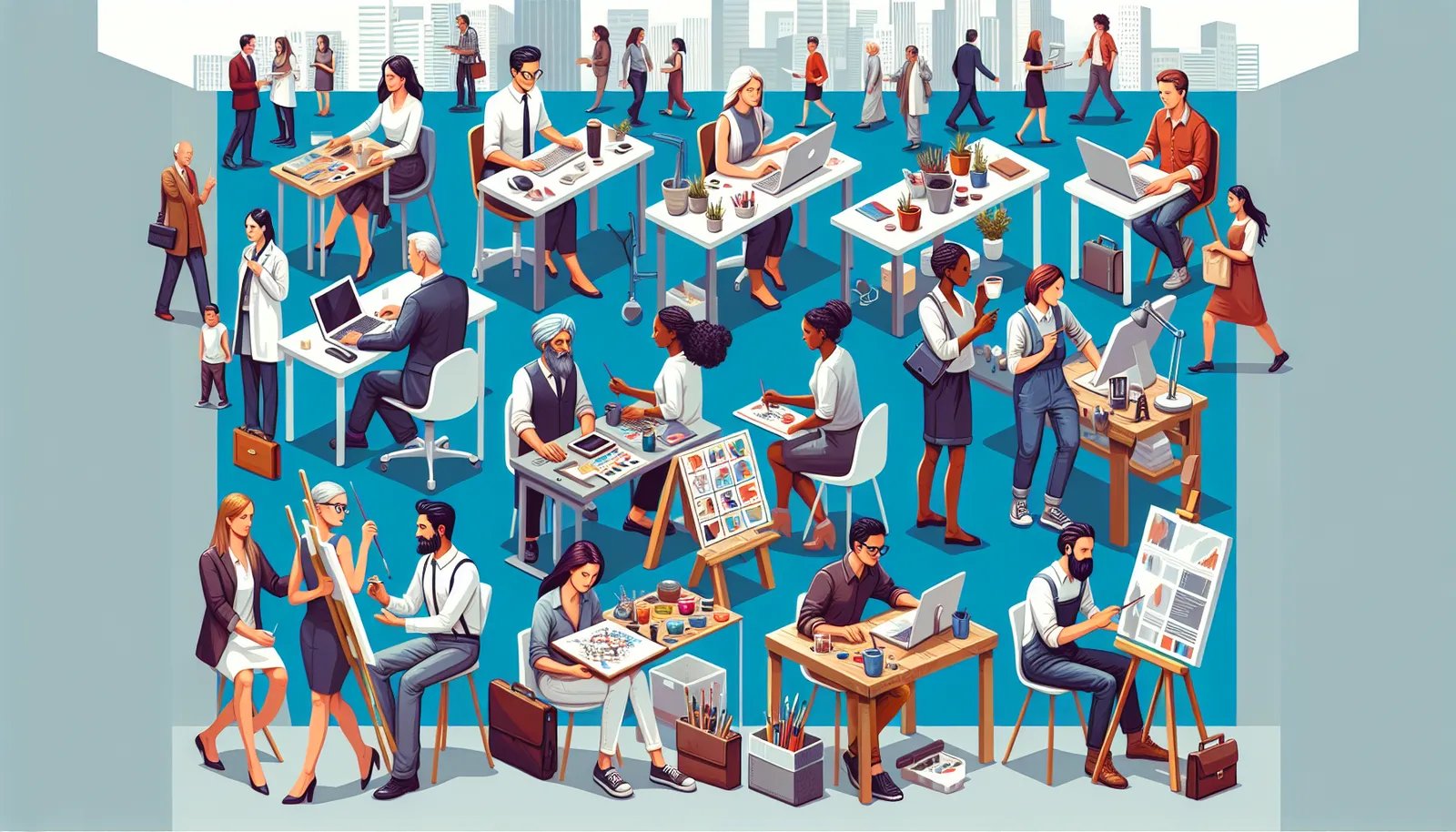 Illustration of a group of workers representing different job roles and classifications