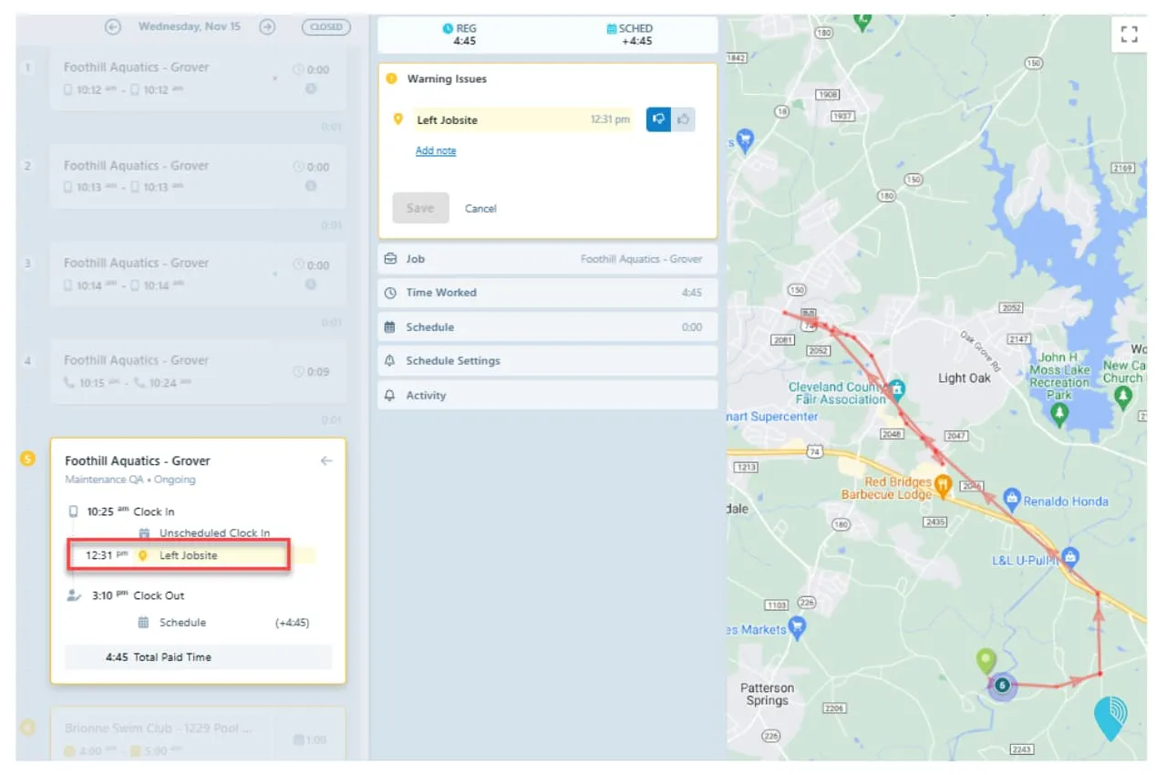 Chronotek Pro time tracking GPS map showing an employee's location