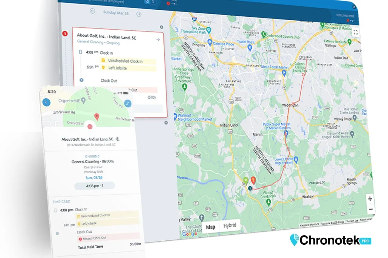A laptop with a GPS time tracking app open and a GPS location tracking map in the background