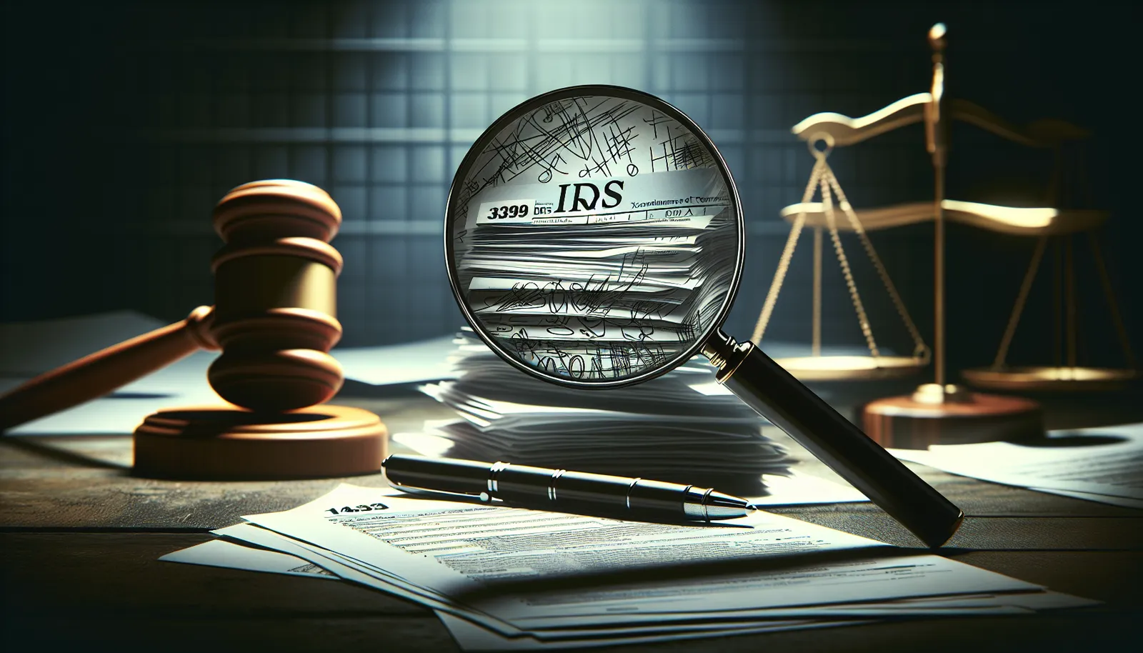 Illustration of a magnifying glass over IRS tax forms