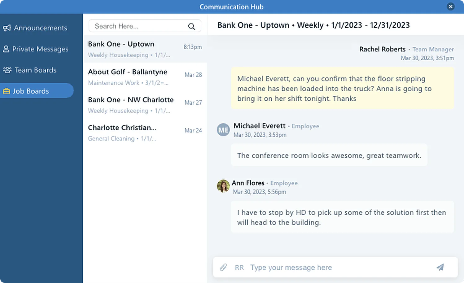Team and Job messaging boards in Chronotek Pro showing threaded conversations for remote crews