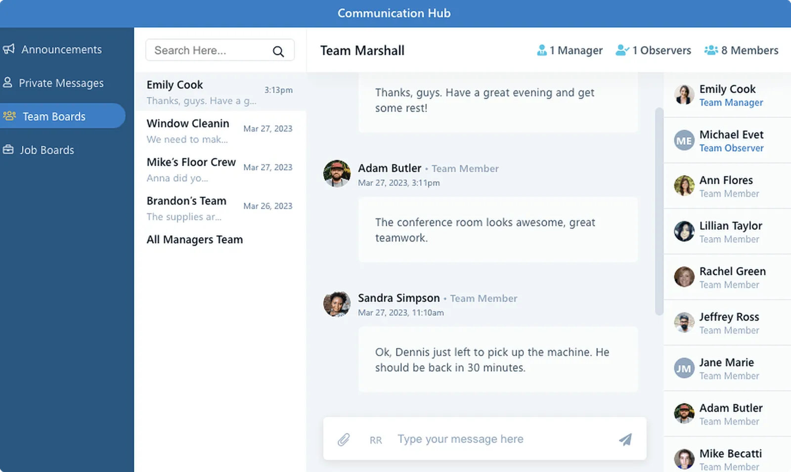 Chronotek Pro team messaging screen