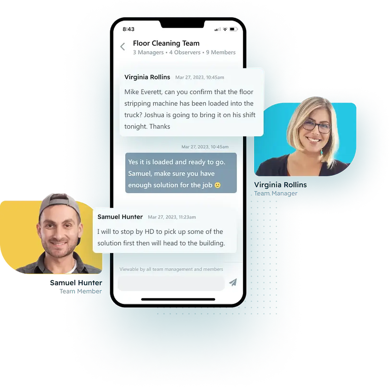 Chronotek Pro messaging platform showing team boards, announcements and direct messages on mobile and desktop