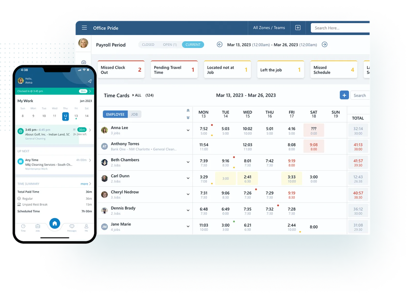 Timekeeping dashboard showing real-time GPS employee tracking and time card management