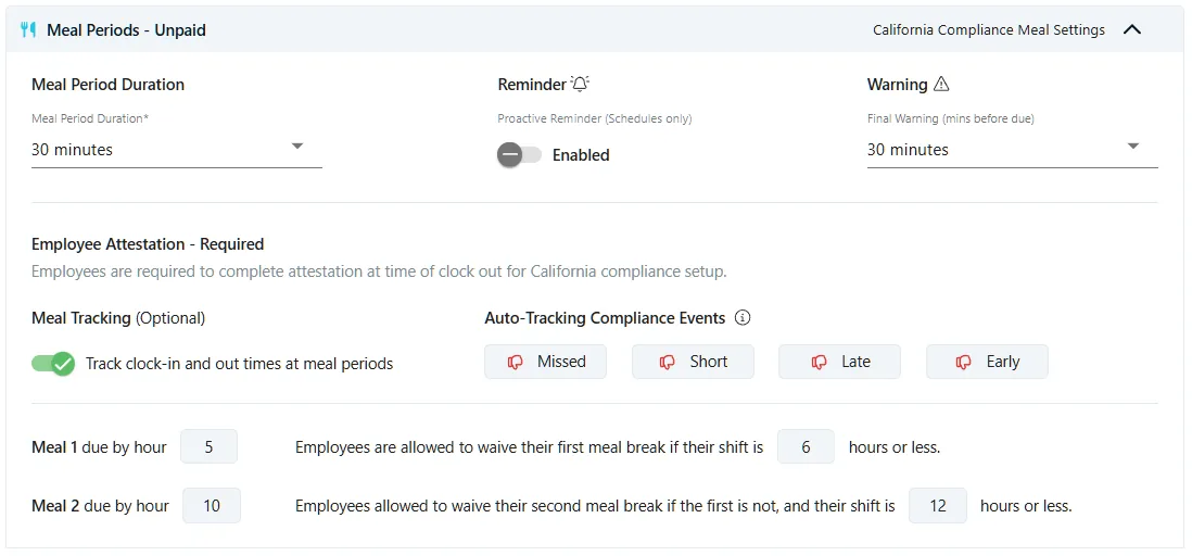 Chronotek Pro California meal period settings with duration, reminders, final warning, required employee attestation, auto-tracking compliance events, and Meal 1 and Meal 2 due-hour and waive rules