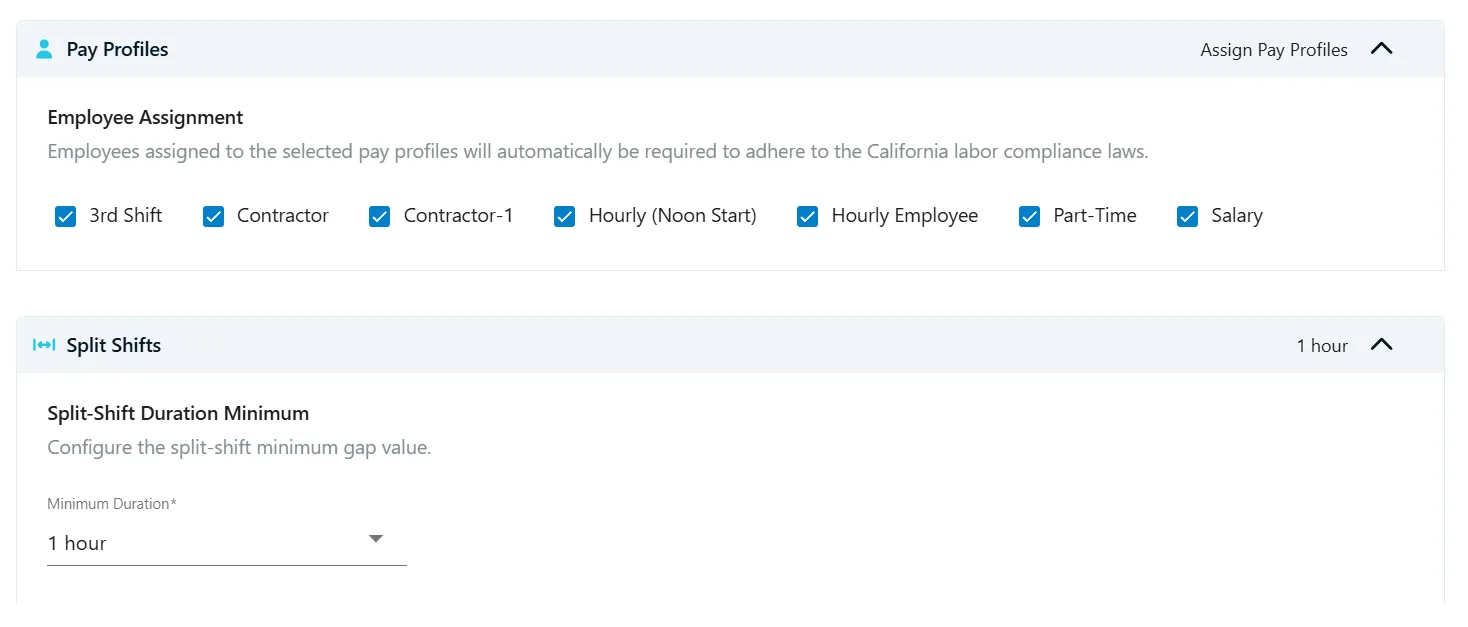 Chronotek Pro Pay Profiles employee assignment checkboxes and Split Shifts minimum duration setting for California compliance