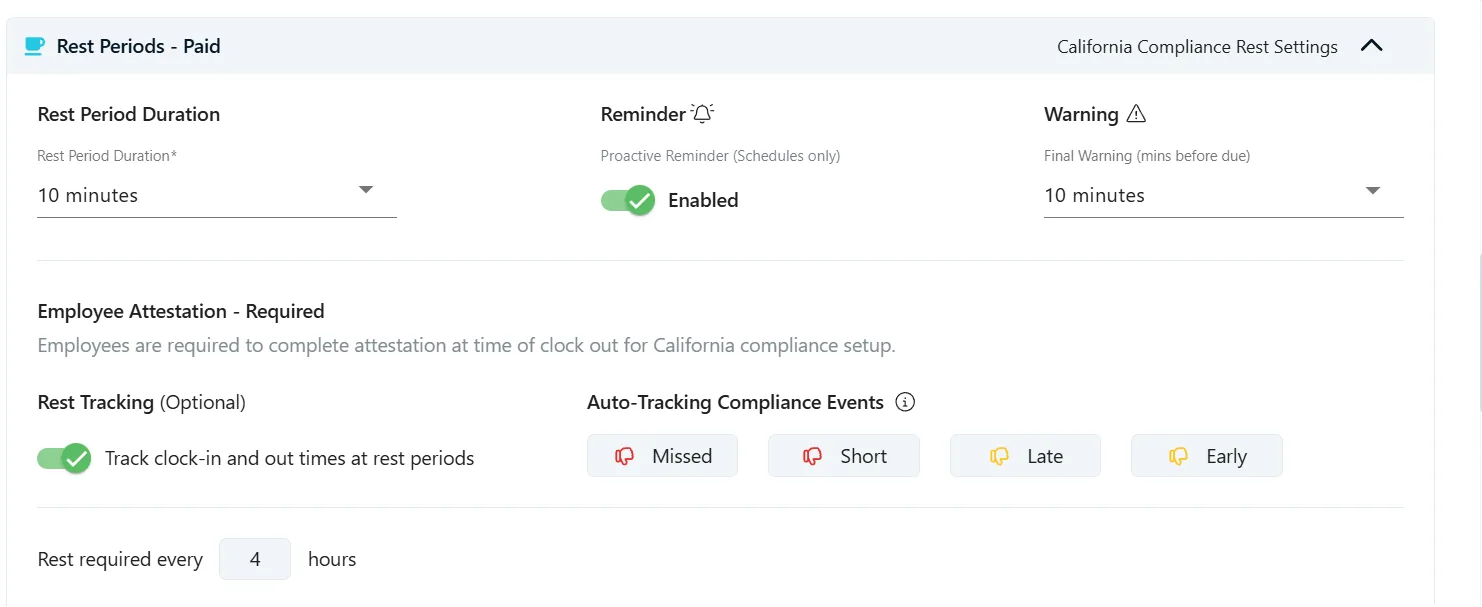 Chronotek Pro Rest Periods Paid settings showing duration, proactive reminders, employee attestation, and rest-every-4-hours configuration