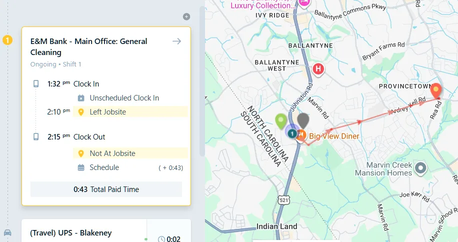 Chronotek Pro time card flagged with Left Jobsite and Not At Jobsite GPS alerts alongside the employee's geo-track on the map