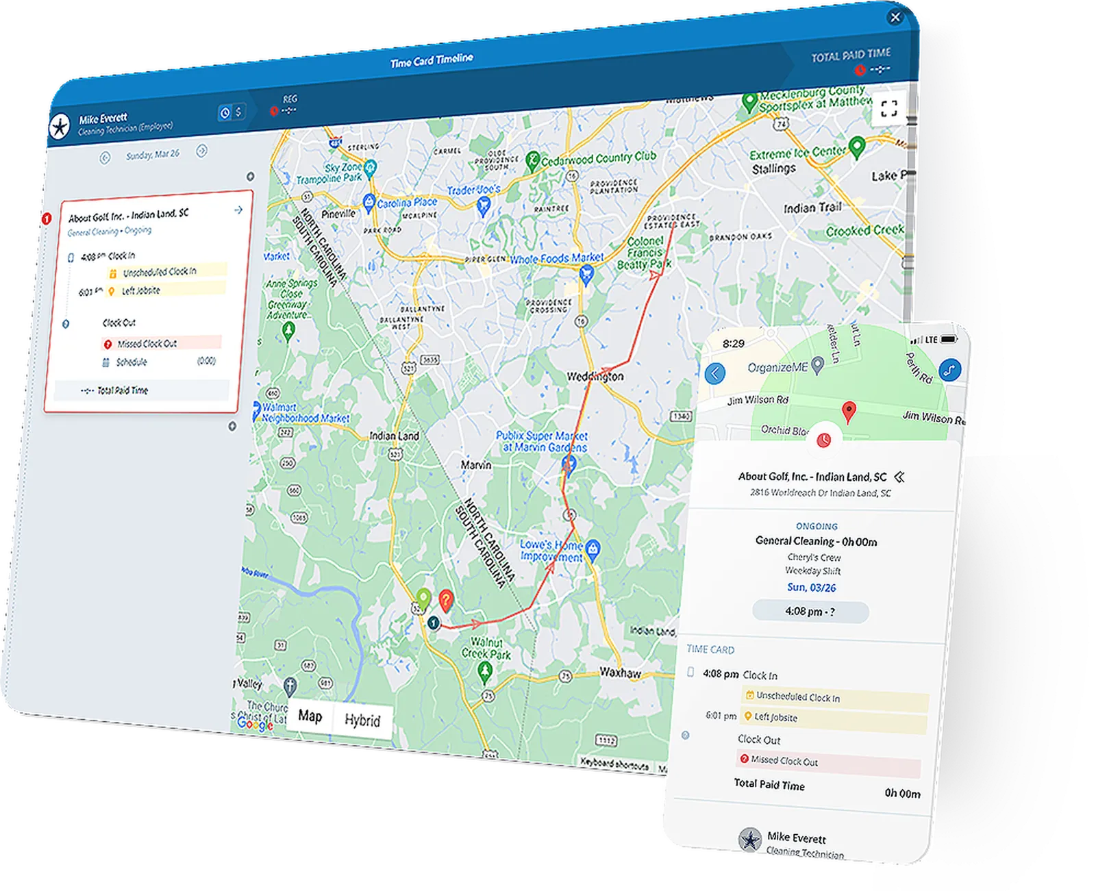 Chronotek Pro GPS time clock mobile app showing employee location tracking and clock-in verification