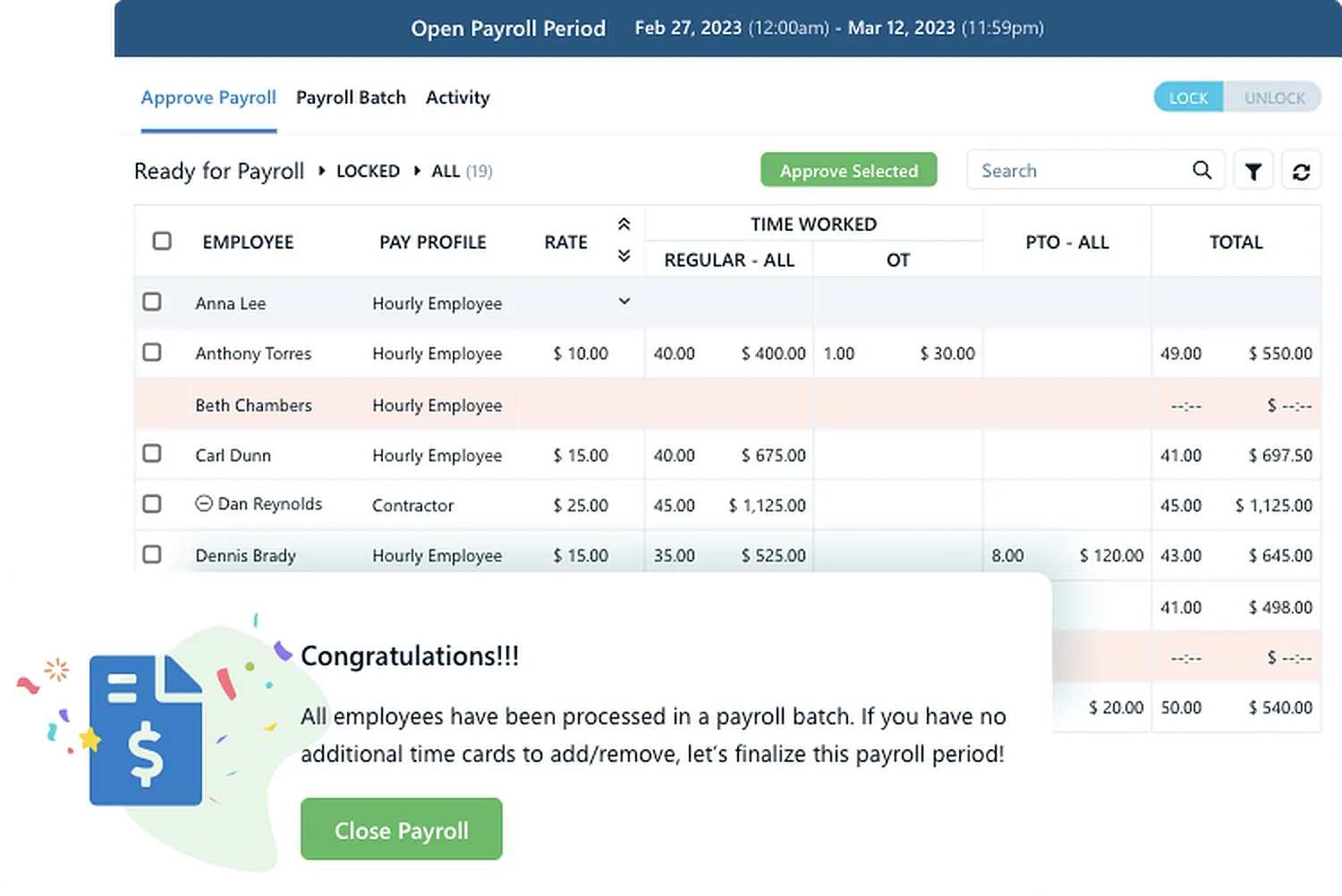 Payroll preparation screen showing flagged time card exceptions and export options