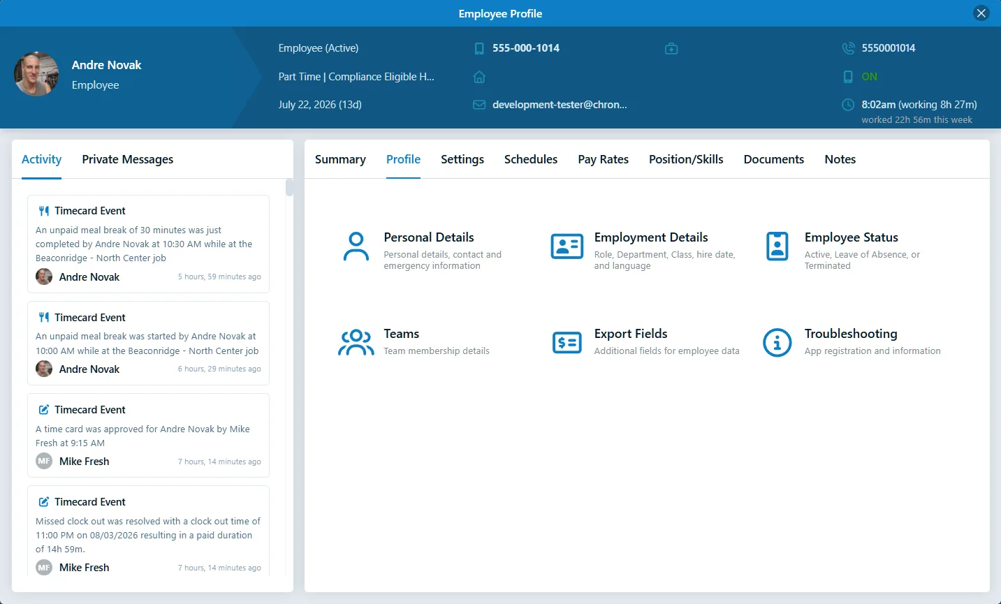 Chronotek Pro employee profile showing pay rates, schedules, documents, timecard activity and live working status for HR and payroll