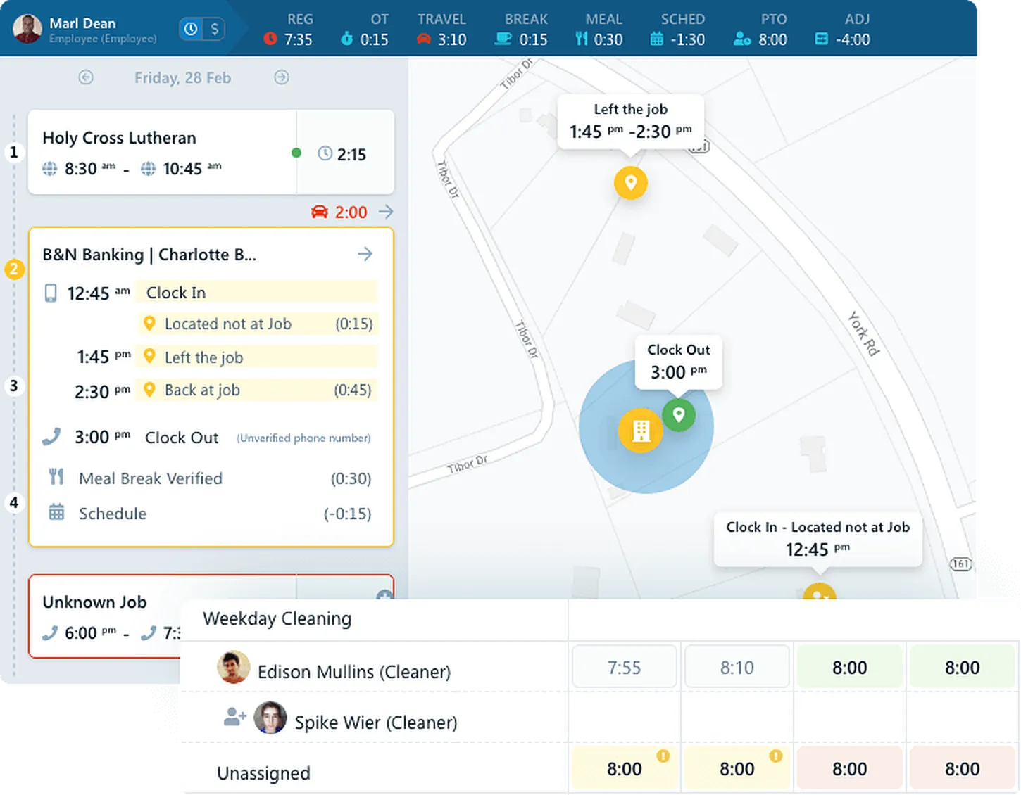 Live dashboard showing temp worker clock-ins at client sites