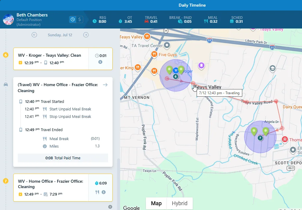 Chronotek Pro daily timeline showing a cleaner traveling between janitorial job sites with GPS map, travel time and paid time tracked