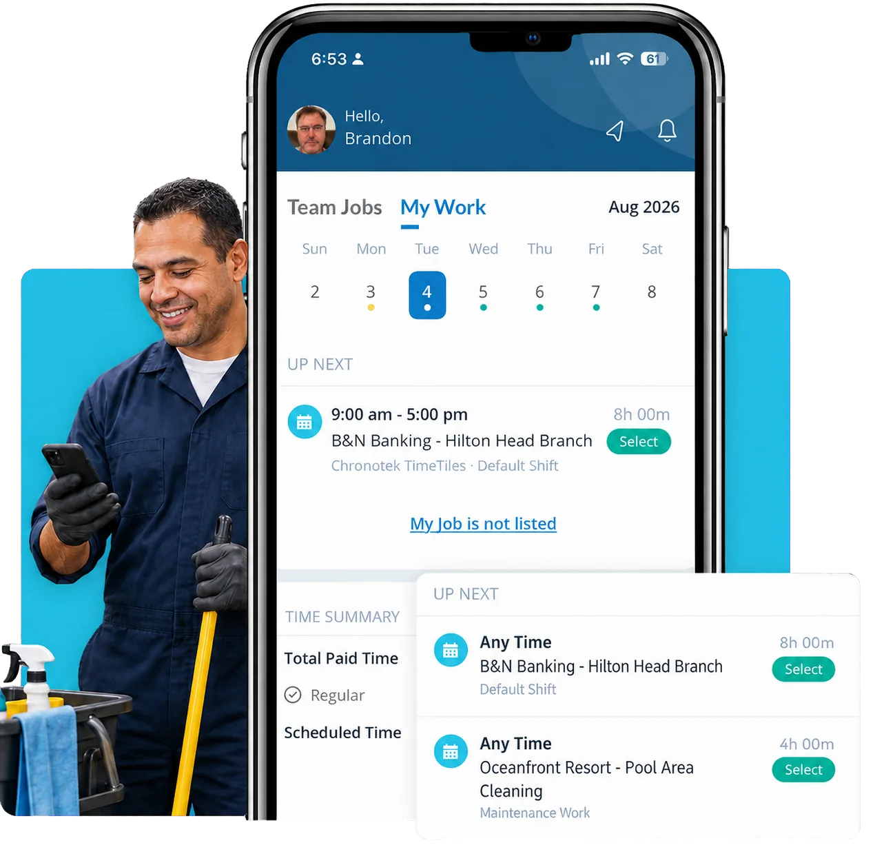 Cleaner checking his upcoming janitorial shifts in the Chronotek Pro mobile app, showing scheduled jobs and time summary