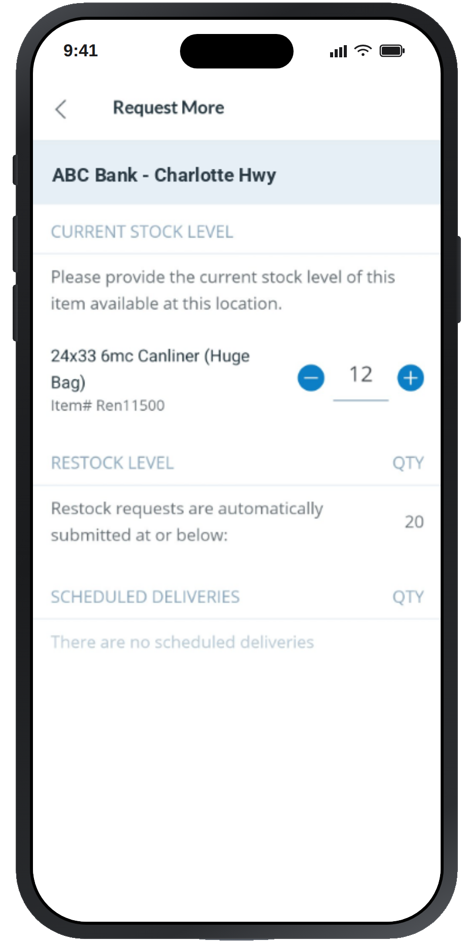 Request More screen in the Chronotek Pro mobile app showing stock levels and restock requests for a job site