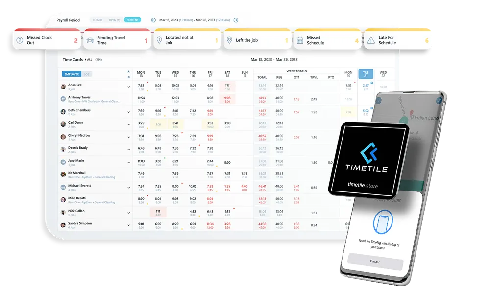 TimeTiles - NFC technology for employee time clock app prevents clocking in away from the work site and buddy punching