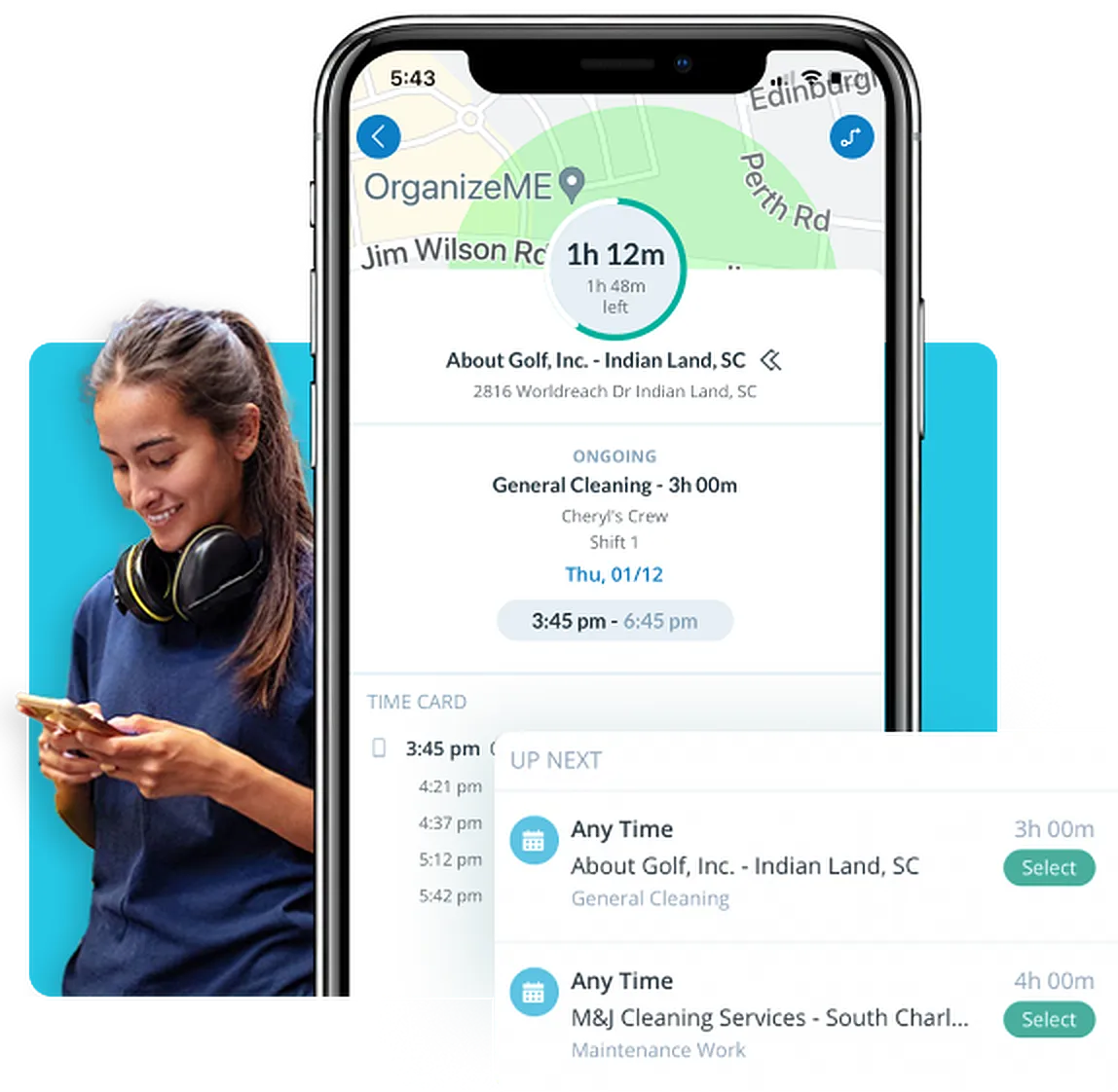 GPS time clock mobile app showing employee clock-in verification and geofencing