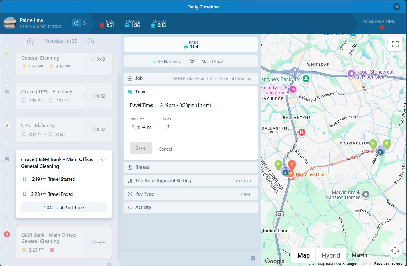 Chronotek Pro daily timeline showing a Travel Time Card with travel time, paid time, mileage and GPS route map between job sites