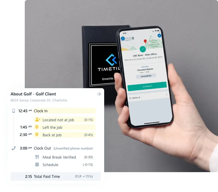 Supervisor reviewing a GPS alert in the Chronotek Pro app with options to approve, flag, add notes, or call the employee
